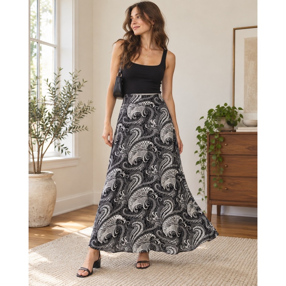 J. Jill Paisley Maxi Skirt Womens Small Black White Cotton Modal Boho A-Line
